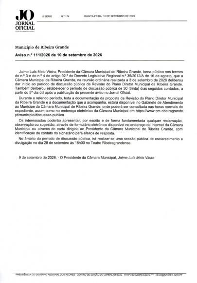 Revis&atilde;o do PDM da Ribeira Grande  Discuss&atilde;o p&uacute;blica de 18 de Setembro a 18 de Outubro de 2026